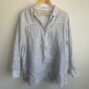 Stripped 1/2 Button Down Long Sleeve Linen Blend Blouse